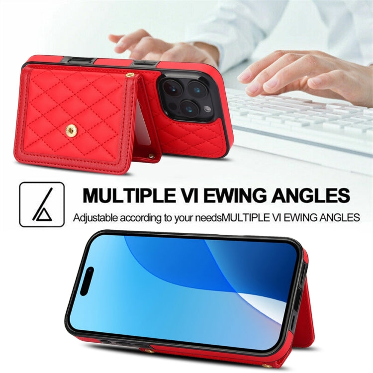 For iPhone 16 Pro Splicing Rhombic Texture Card Bag Phone Case with Long Lanyard