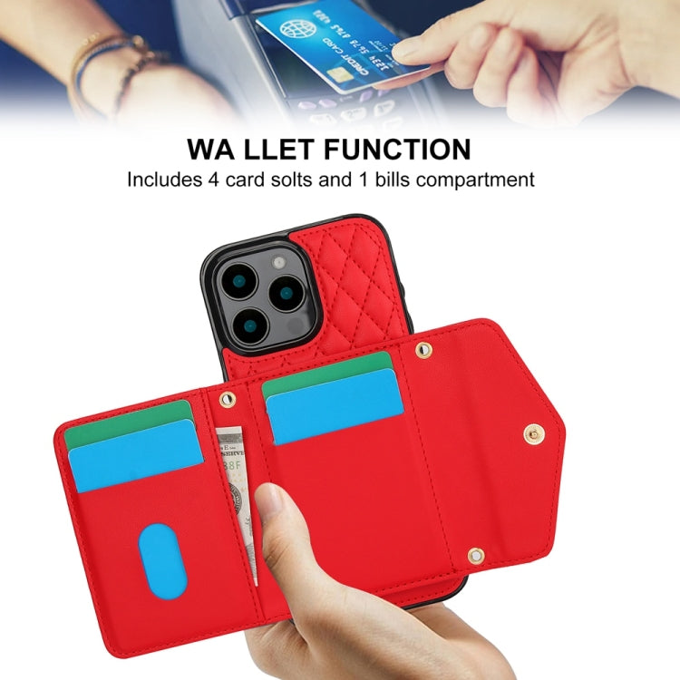 For iPhone 16 Pro Splicing Rhombic Texture Card Bag Phone Case with Long Lanyard