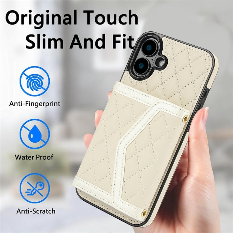 For iPhone 16 Plus Splicing Rhombic Texture Card Bag Phone Case with Long Lanyard