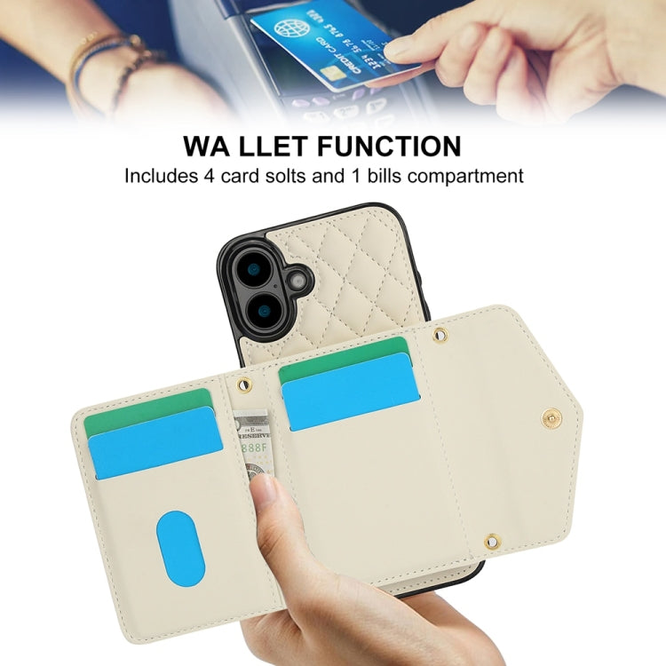 For iPhone 16 Plus Splicing Rhombic Texture Card Bag Phone Case with Long Lanyard