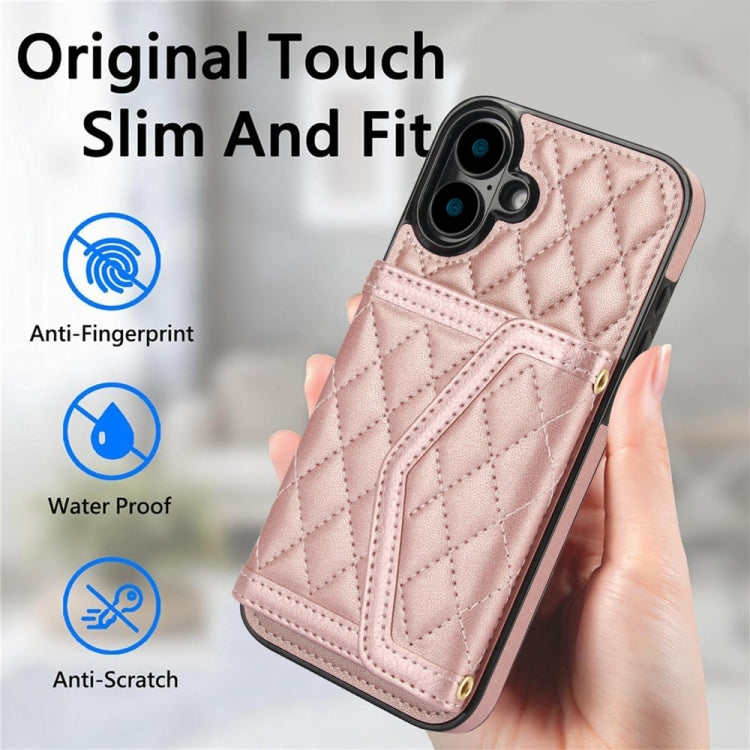 For iPhone 16 Plus Splicing Rhombic Texture Card Bag Phone Case with Long Lanyard