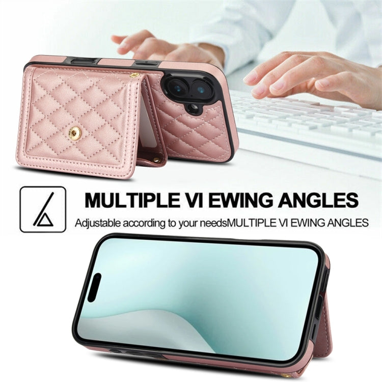 For iPhone 16 Plus Splicing Rhombic Texture Card Bag Phone Case with Long Lanyard