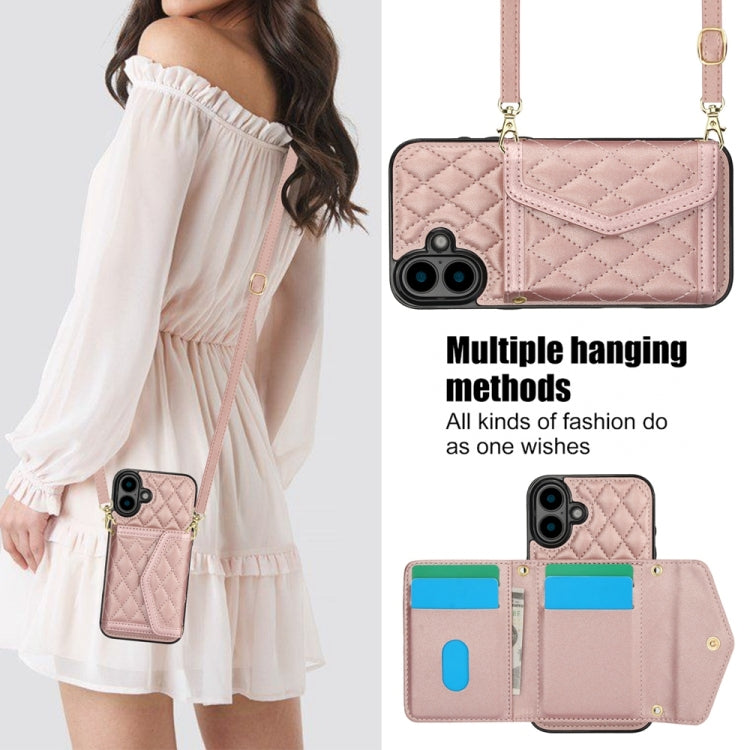 For iPhone 16 Plus Splicing Rhombic Texture Card Bag Phone Case with Long Lanyard