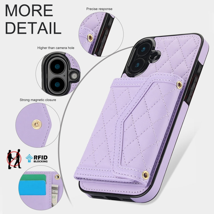 For iPhone 16 Plus Splicing Rhombic Texture Card Bag Phone Case with Long Lanyard