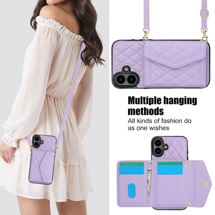 For iPhone 16 Plus Splicing Rhombic Texture Card Bag Phone Case with Long Lanyard