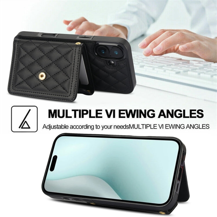 For iPhone 16 Plus Splicing Rhombic Texture Card Bag Phone Case with Long Lanyard