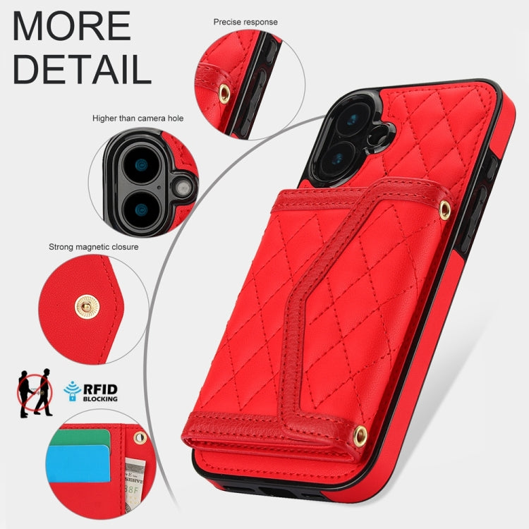 For iPhone 16 Plus Splicing Rhombic Texture Card Bag Phone Case with Long Lanyard
