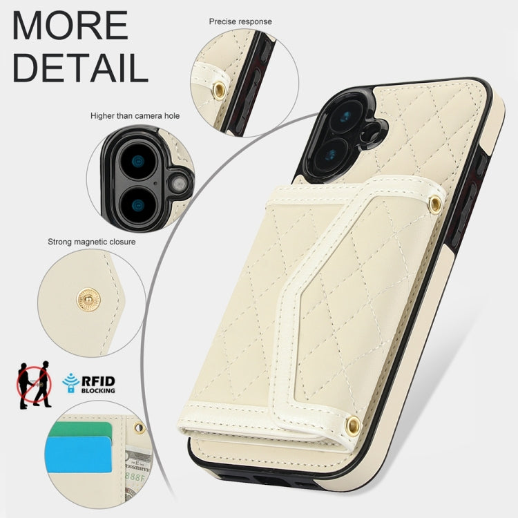 For iPhone 16 Splicing Rhombic Texture Card Bag Phone Case with Long Lanyard