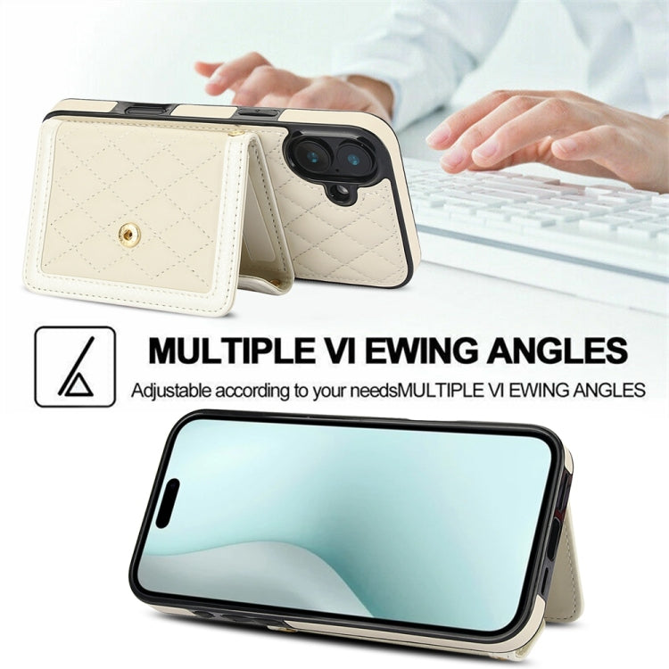 For iPhone 16 Splicing Rhombic Texture Card Bag Phone Case with Long Lanyard
