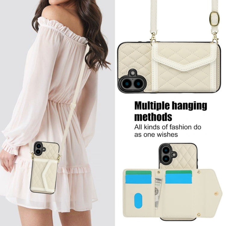 For iPhone 16 Splicing Rhombic Texture Card Bag Phone Case with Long Lanyard