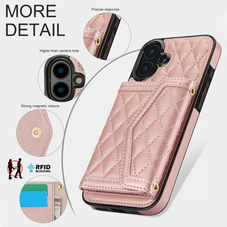 For iPhone 16 Splicing Rhombic Texture Card Bag Phone Case with Long Lanyard