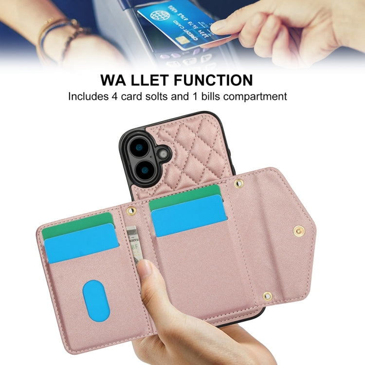 For iPhone 16 Splicing Rhombic Texture Card Bag Phone Case with Long Lanyard