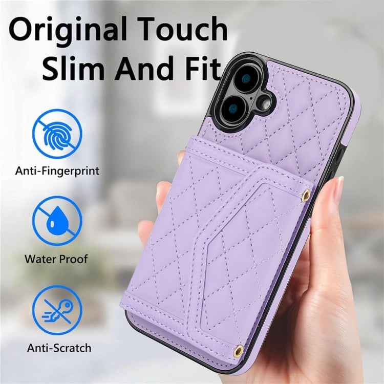 For iPhone 16 Splicing Rhombic Texture Card Bag Phone Case with Long Lanyard