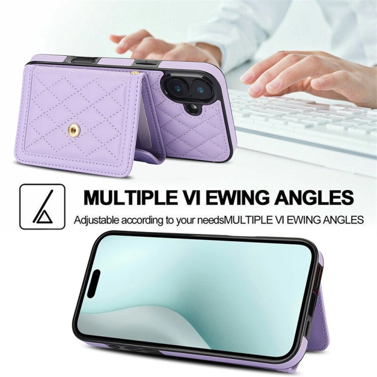 For iPhone 16 Splicing Rhombic Texture Card Bag Phone Case with Long Lanyard