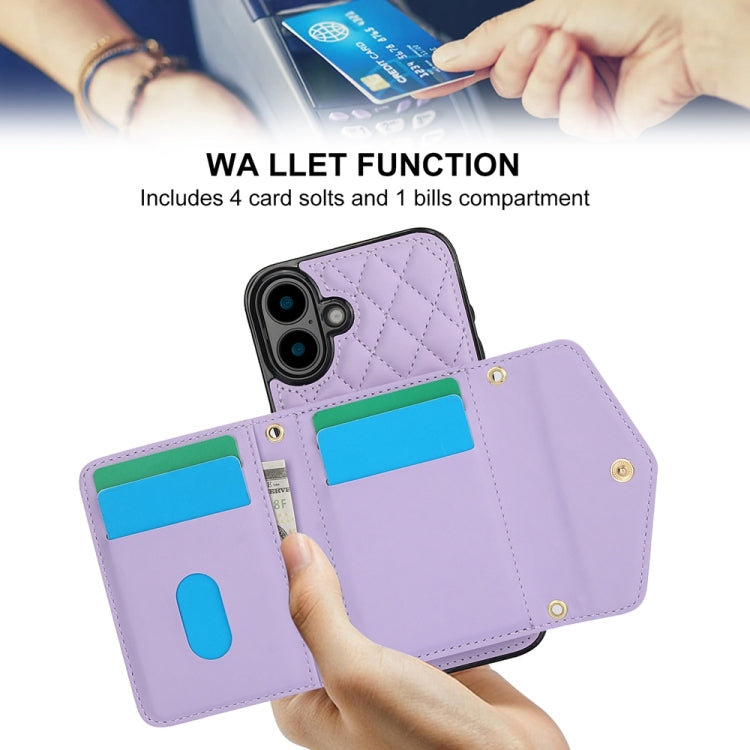 For iPhone 16 Splicing Rhombic Texture Card Bag Phone Case with Long Lanyard