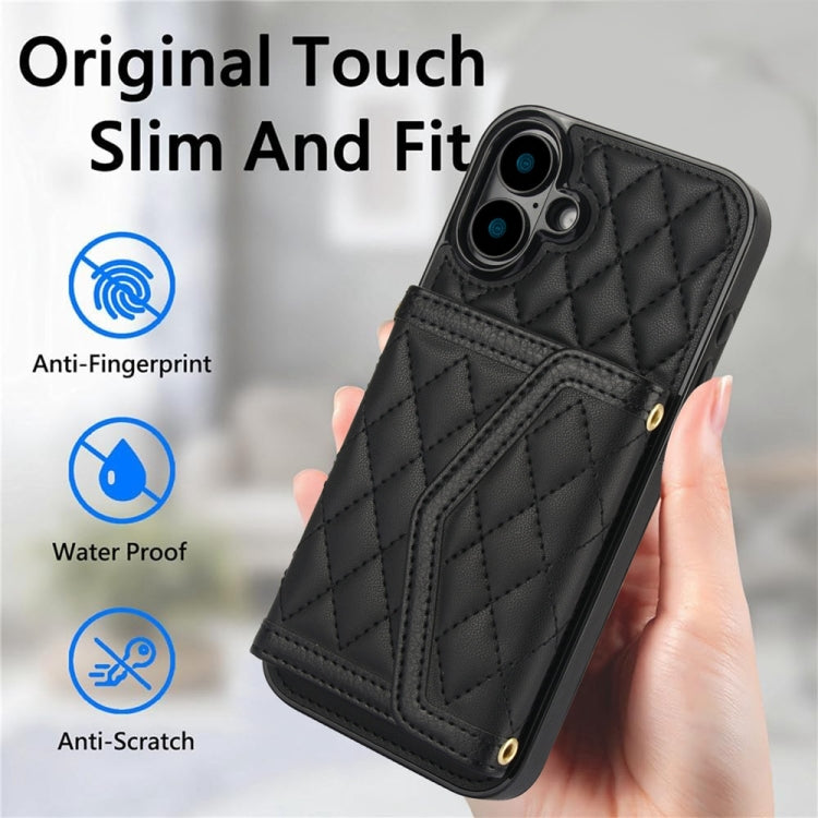 For iPhone 16 Splicing Rhombic Texture Card Bag Phone Case with Long Lanyard