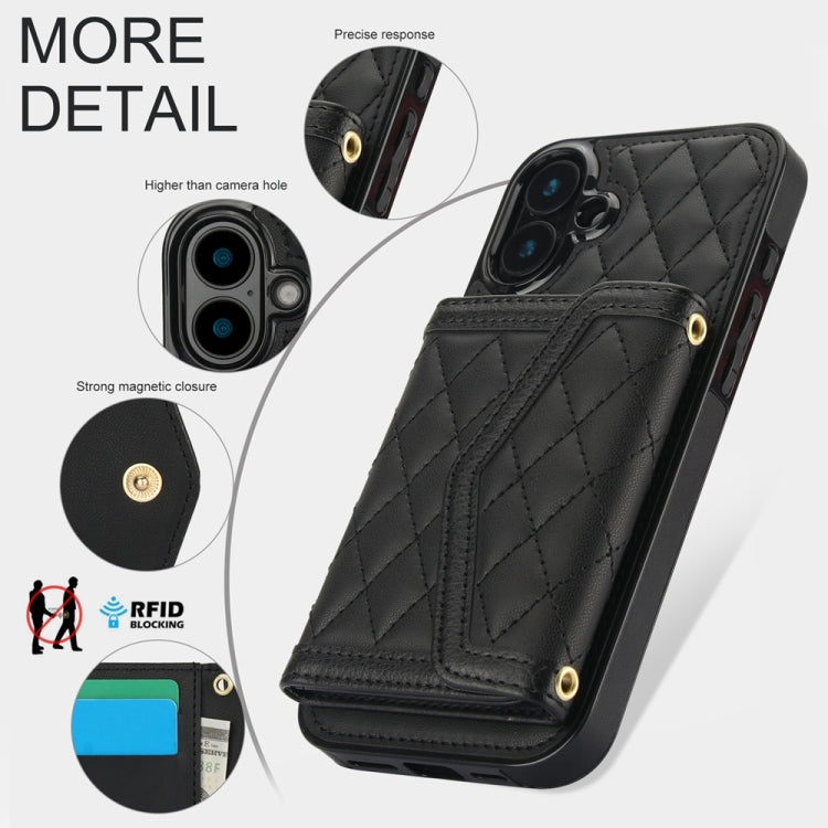 For iPhone 16 Splicing Rhombic Texture Card Bag Phone Case with Long Lanyard