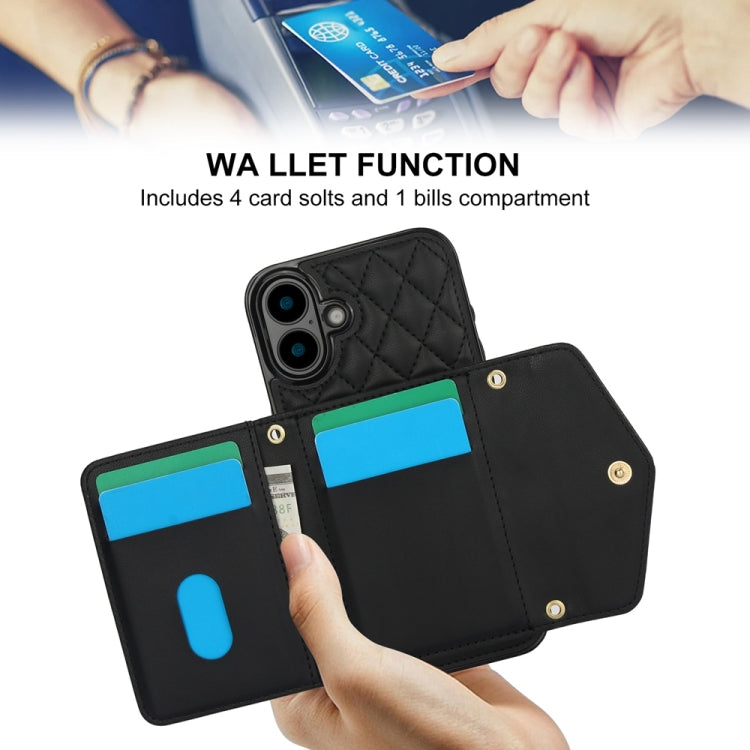 For iPhone 16 Splicing Rhombic Texture Card Bag Phone Case with Long Lanyard