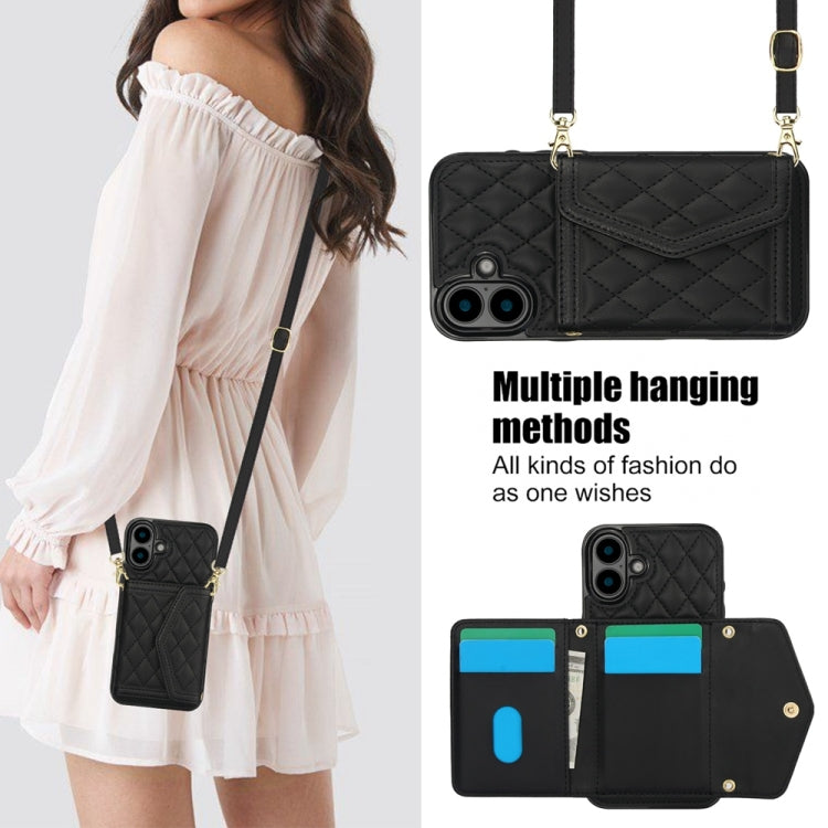 For iPhone 16 Splicing Rhombic Texture Card Bag Phone Case with Long Lanyard