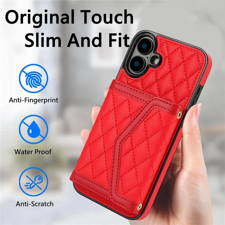 For iPhone 16 Splicing Rhombic Texture Card Bag Phone Case with Long Lanyard