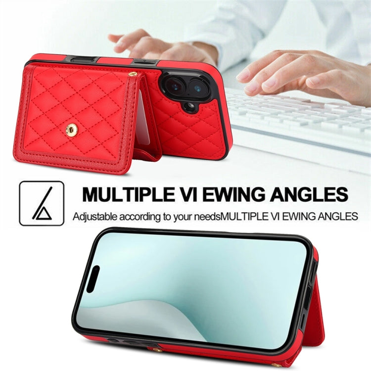 For iPhone 16 Splicing Rhombic Texture Card Bag Phone Case with Long Lanyard