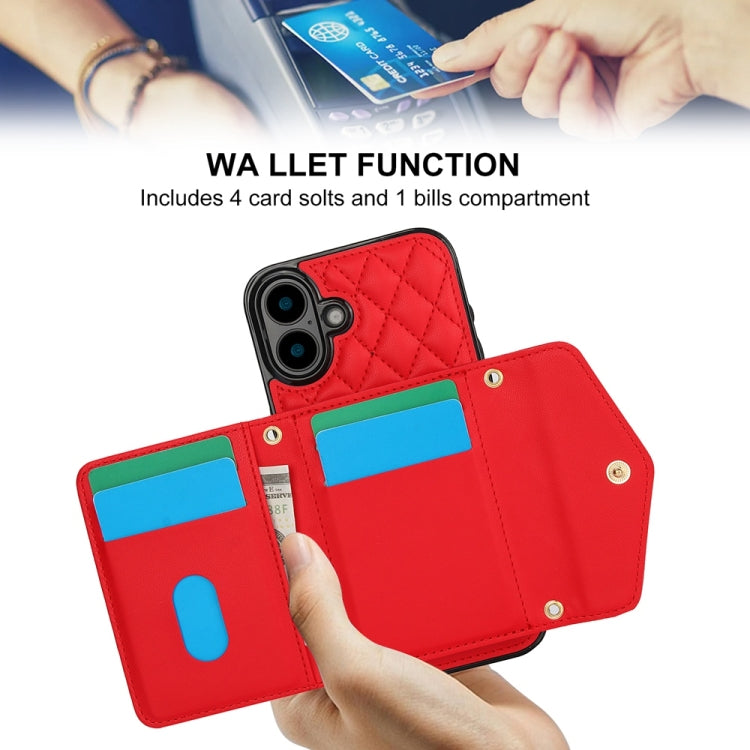 For iPhone 16 Splicing Rhombic Texture Card Bag Phone Case with Long Lanyard