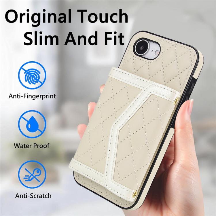 For iPhone 17e / 16e Splicing Rhombic Texture Card Bag Phone Case with Long Lanyard