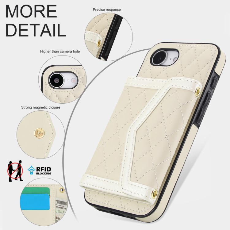 For iPhone 17e / 16e Splicing Rhombic Texture Card Bag Phone Case with Long Lanyard