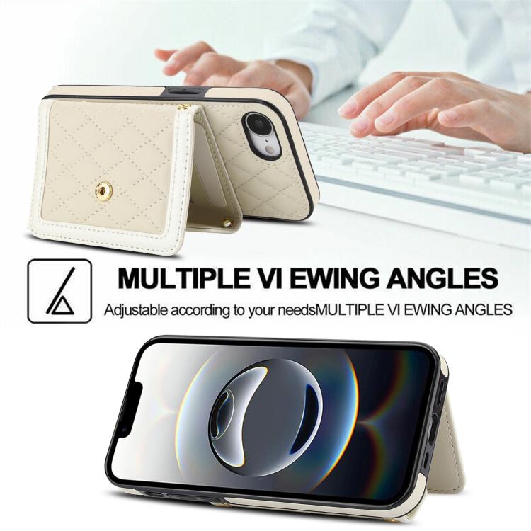 For iPhone 17e / 16e Splicing Rhombic Texture Card Bag Phone Case with Long Lanyard