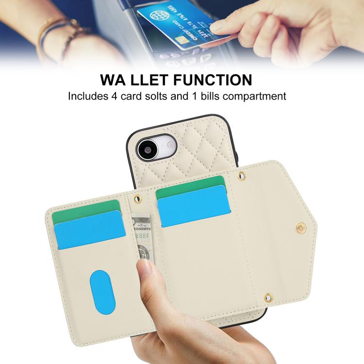 For iPhone 17e / 16e Splicing Rhombic Texture Card Bag Phone Case with Long Lanyard