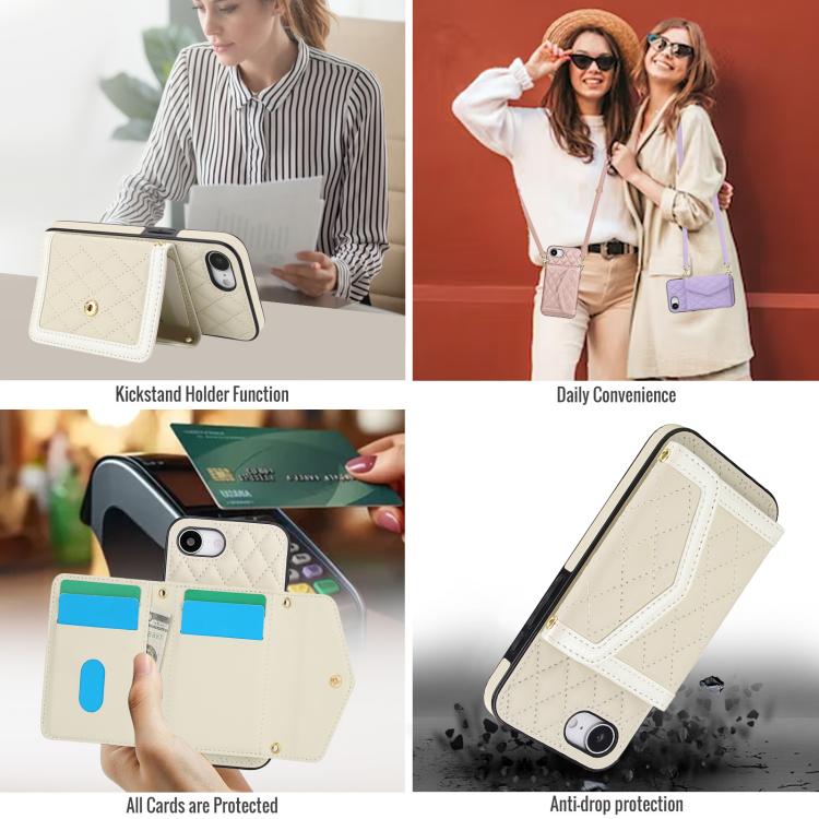 For iPhone 17e / 16e Splicing Rhombic Texture Card Bag Phone Case with Long Lanyard