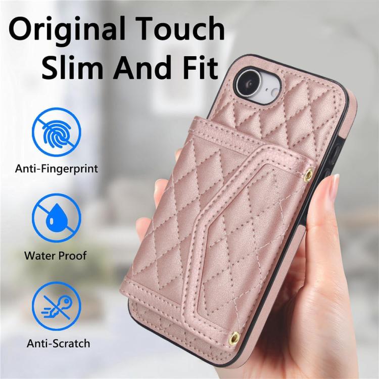 For iPhone 17e / 16e Splicing Rhombic Texture Card Bag Phone Case with Long Lanyard