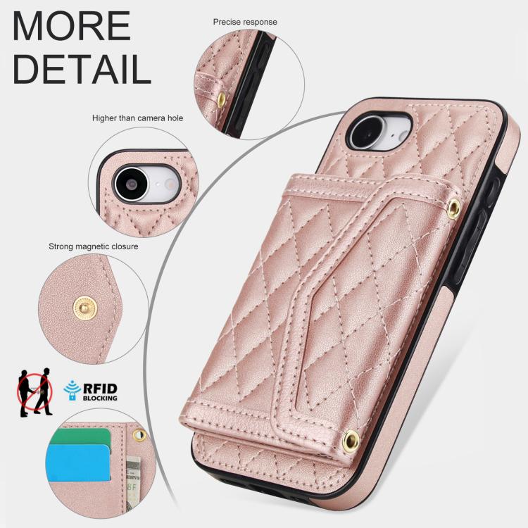 For iPhone 17e / 16e Splicing Rhombic Texture Card Bag Phone Case with Long Lanyard