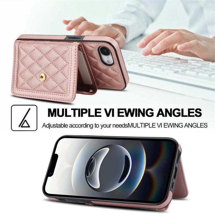 For iPhone 17e / 16e Splicing Rhombic Texture Card Bag Phone Case with Long Lanyard