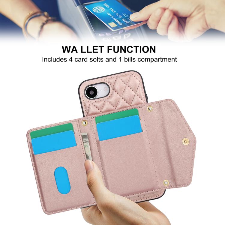 For iPhone 17e / 16e Splicing Rhombic Texture Card Bag Phone Case with Long Lanyard