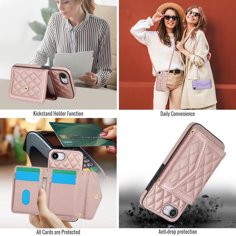 For iPhone 17e / 16e Splicing Rhombic Texture Card Bag Phone Case with Long Lanyard