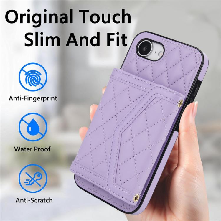 For iPhone 17e / 16e Splicing Rhombic Texture Card Bag Phone Case with Long Lanyard