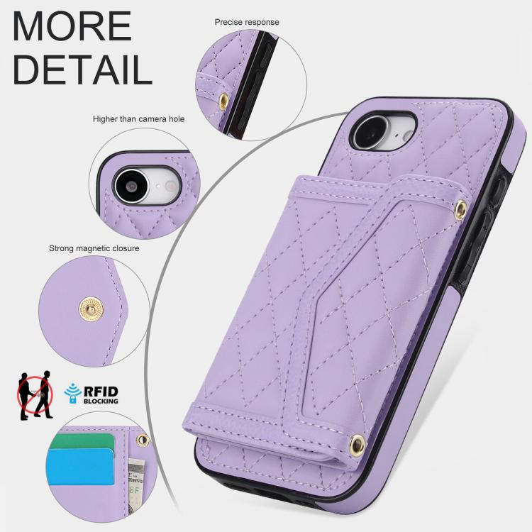 For iPhone 17e / 16e Splicing Rhombic Texture Card Bag Phone Case with Long Lanyard