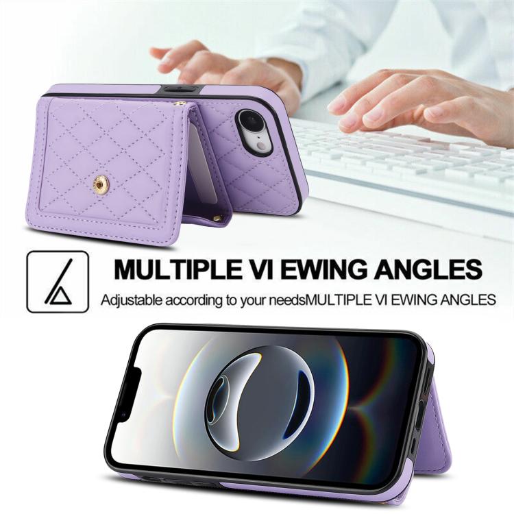 For iPhone 17e / 16e Splicing Rhombic Texture Card Bag Phone Case with Long Lanyard