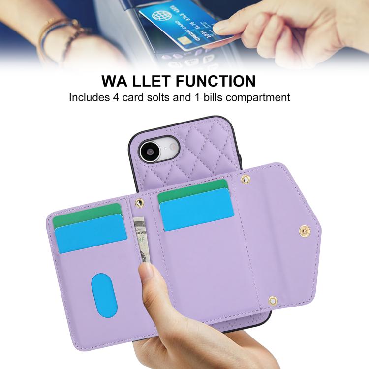 For iPhone 17e / 16e Splicing Rhombic Texture Card Bag Phone Case with Long Lanyard