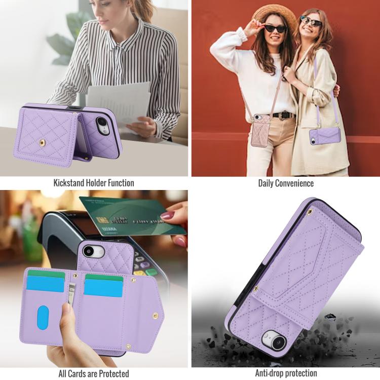 For iPhone 17e / 16e Splicing Rhombic Texture Card Bag Phone Case with Long Lanyard