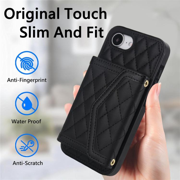 For iPhone 17e / 16e Splicing Rhombic Texture Card Bag Phone Case with Long Lanyard