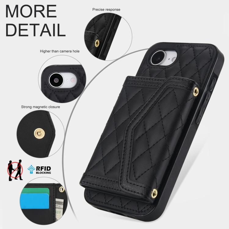 For iPhone 17e / 16e Splicing Rhombic Texture Card Bag Phone Case with Long Lanyard