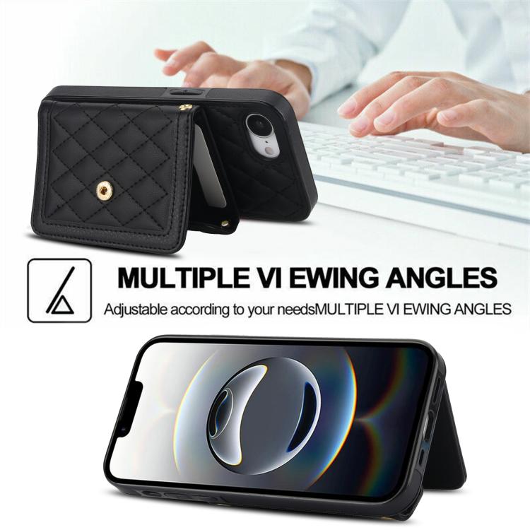 For iPhone 17e / 16e Splicing Rhombic Texture Card Bag Phone Case with Long Lanyard