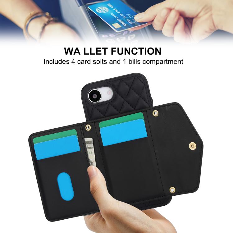 For iPhone 17e / 16e Splicing Rhombic Texture Card Bag Phone Case with Long Lanyard