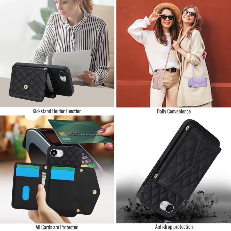 For iPhone 17e / 16e Splicing Rhombic Texture Card Bag Phone Case with Long Lanyard