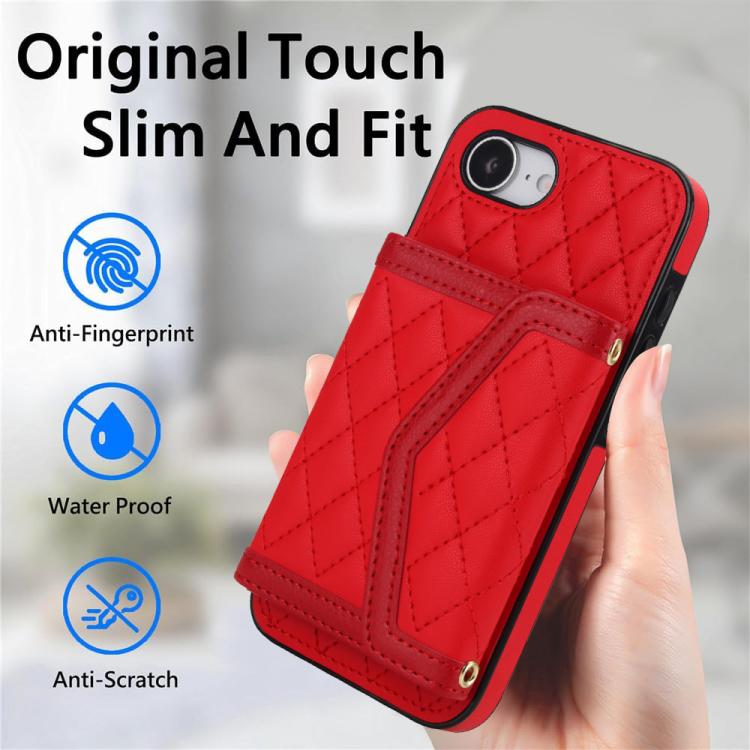 For iPhone 17e / 16e Splicing Rhombic Texture Card Bag Phone Case with Long Lanyard