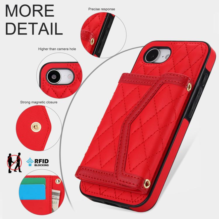 For iPhone 17e / 16e Splicing Rhombic Texture Card Bag Phone Case with Long Lanyard