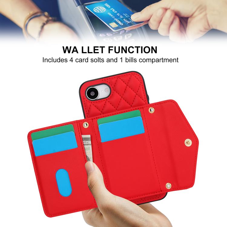 For iPhone 17e / 16e Splicing Rhombic Texture Card Bag Phone Case with Long Lanyard