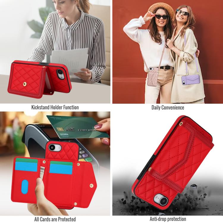 For iPhone 17e / 16e Splicing Rhombic Texture Card Bag Phone Case with Long Lanyard